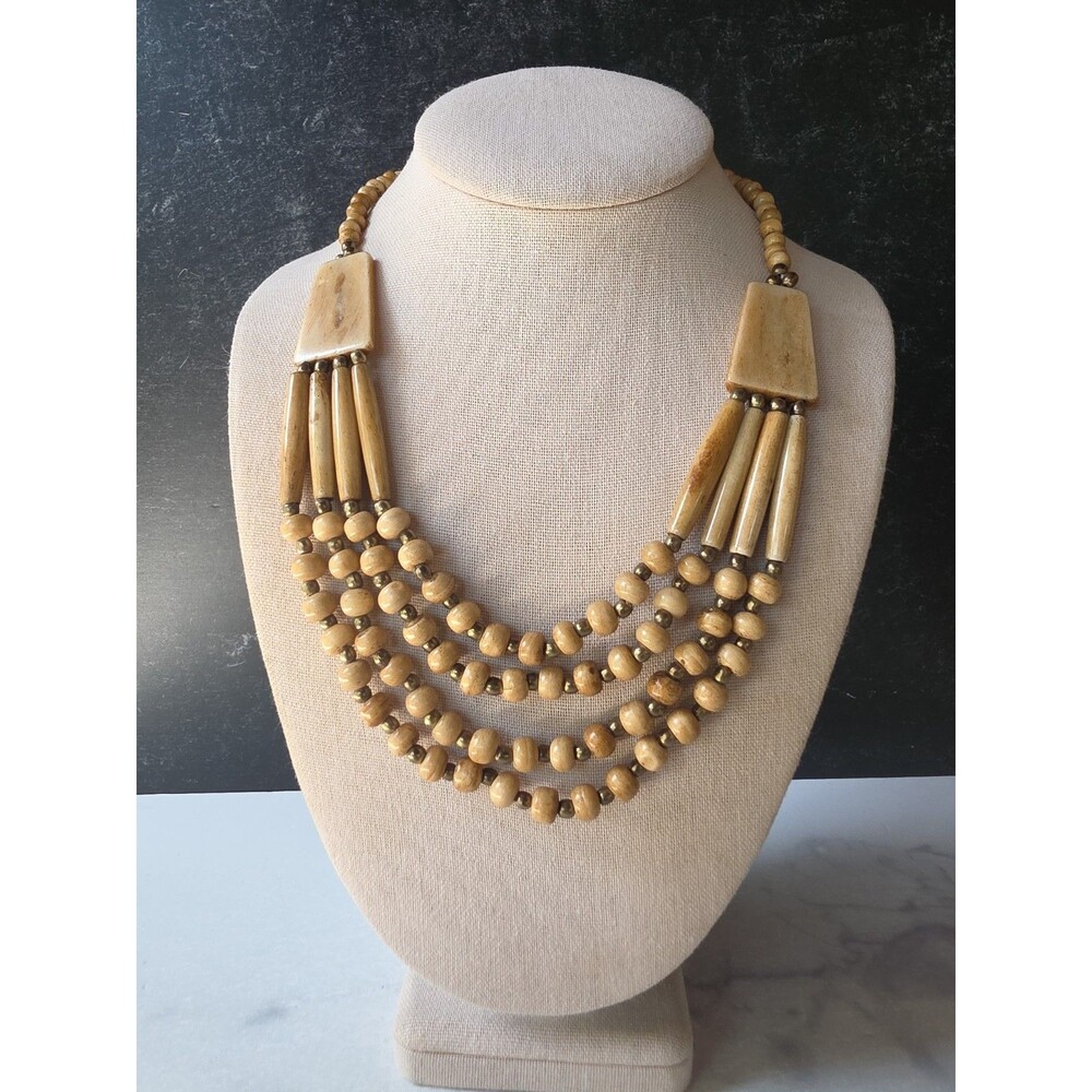 Tan And Gold Tone Metal Beaded Adjustable Bib Statement Necklace Vintage